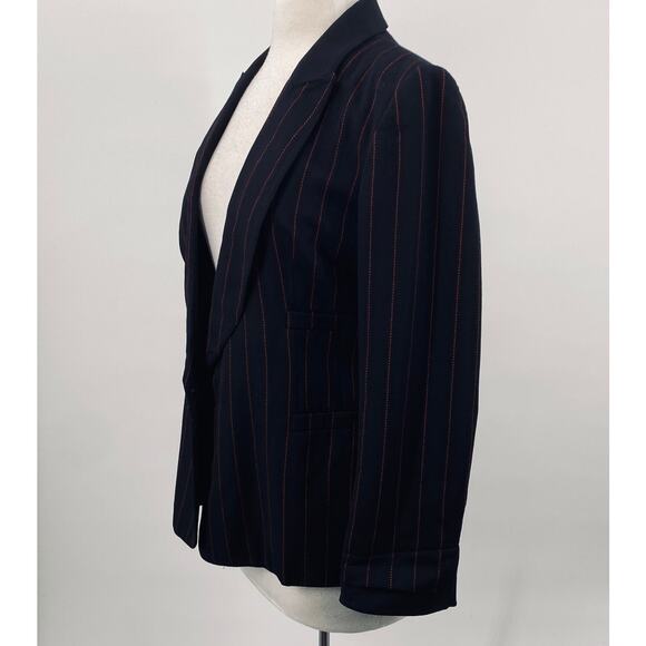 State of Claude Montana Blazer Wool Pinstripe Open Front Black Red Womens 8 42 - Picture 8 of 13